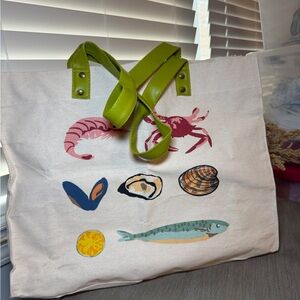 Canvas Tote Bag with Sea Life Print and Green Handles